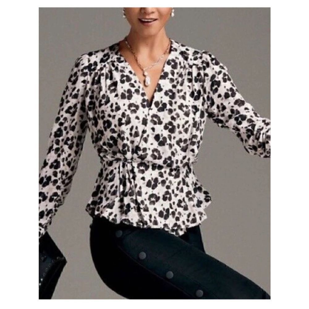 NEW CAbi Rosette Watercolor Print Ruched Sleeve Wrap Top NWT